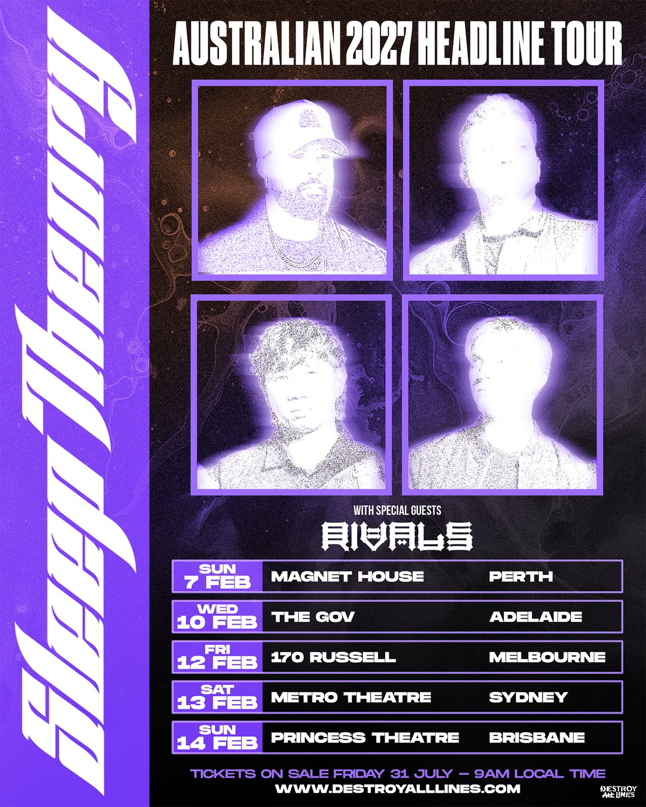 Sleep Theory Australian 2027 Headline Tour poster with special guests Rivals featuring February concert dates in Perth, Adelaide, Melbourne, Sydney, Brisbane.